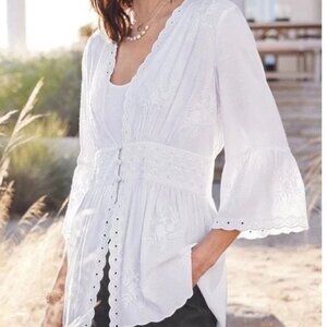 Soft Surroundings Women's XS Melissani Tunic Top Scallop Hem Eyelet White